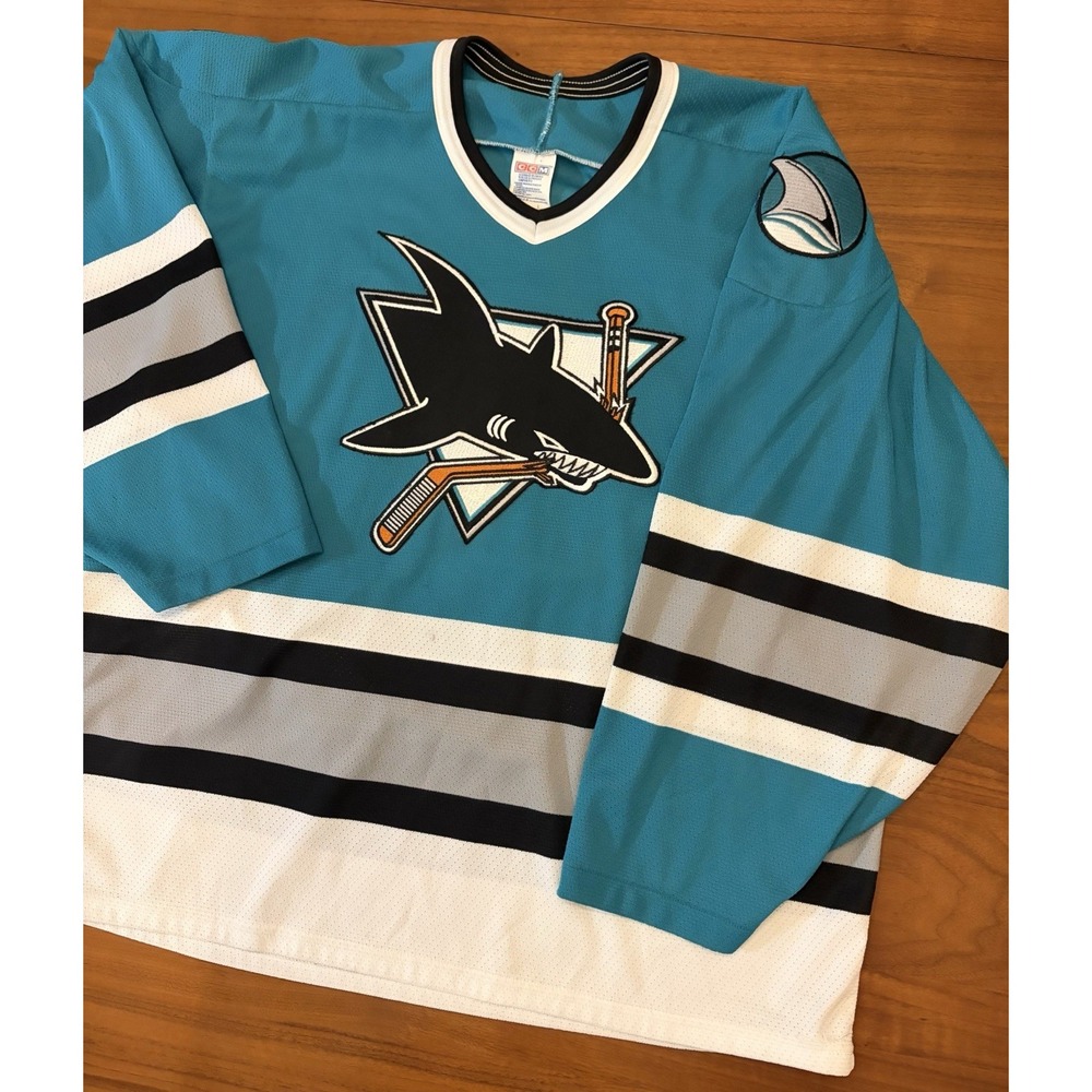 Vintage 1990s San Jose Sharks CCM Maska Jersey Sz L Hockey NHL Teal White Black